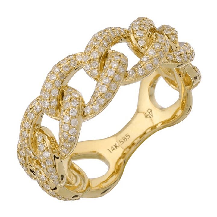 Anillo de Eslabones Cubanos con Micro Pavé de Diamantes en Oro de 14K para venta al por mayor de Izakov Fine Jewelry