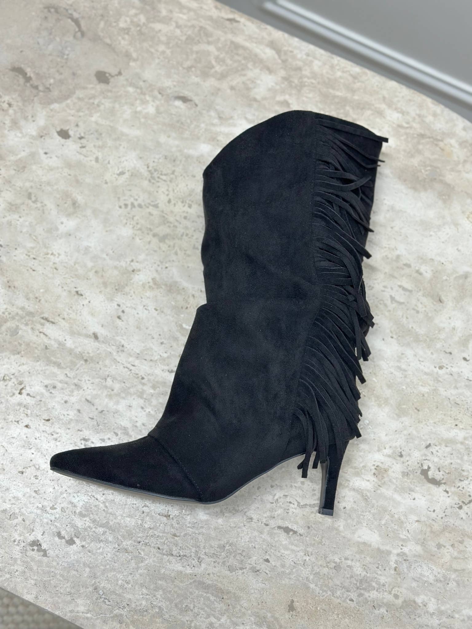 Black Fringed faux suede boots C-366 for wholesale on Faire1