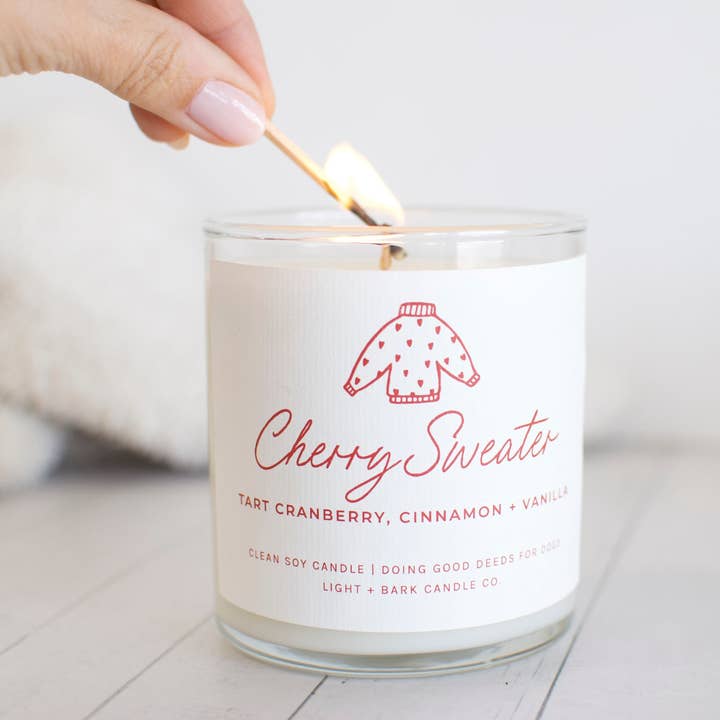 Cherry Sweater | Tart Cranberry, Cinnamon + Vanilla Soy Candle for wholesale by Light + Bark Candle Co.