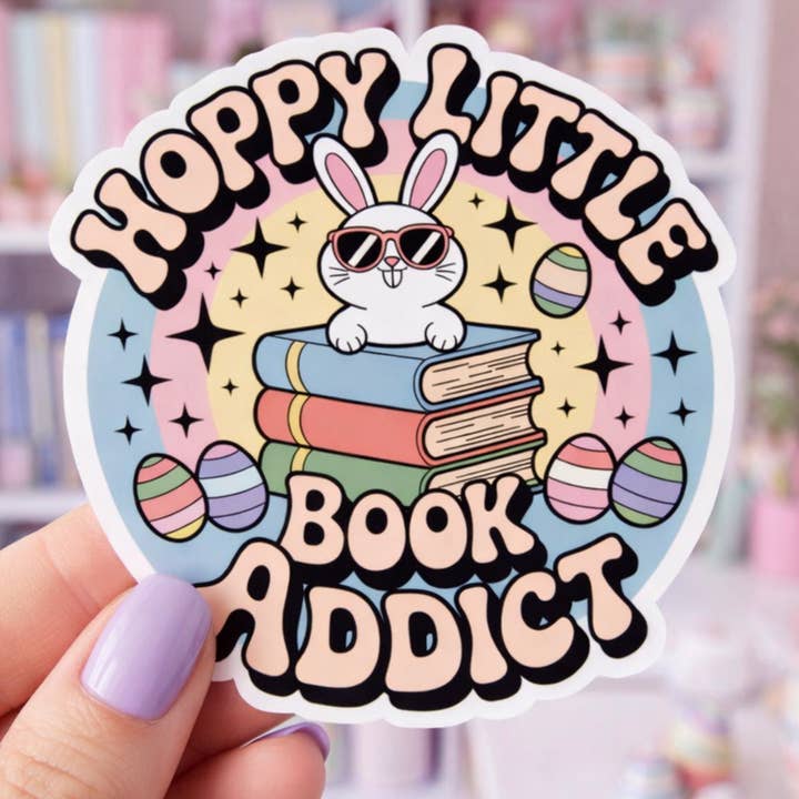 Pegatina troquelada de Pascua "Hoppy Little Book Addict" para amantes de los libros para venta al por mayor de Auburn Row Design