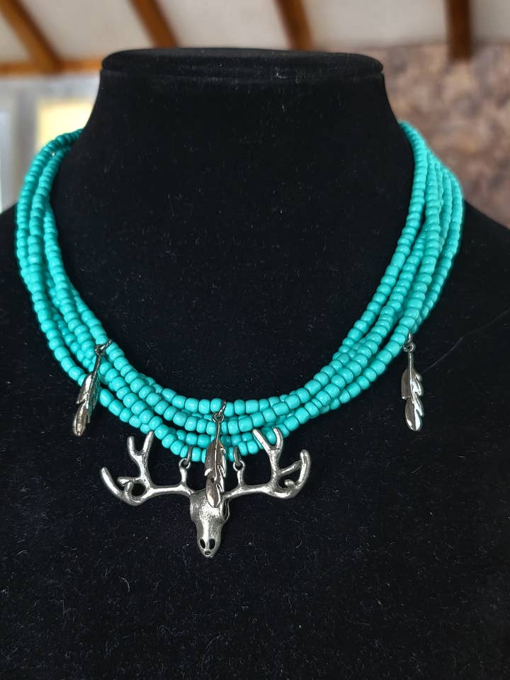'The Huntress' PEWTER choker with Turquoise glass beads for wholesale by Horse Spirit Studio