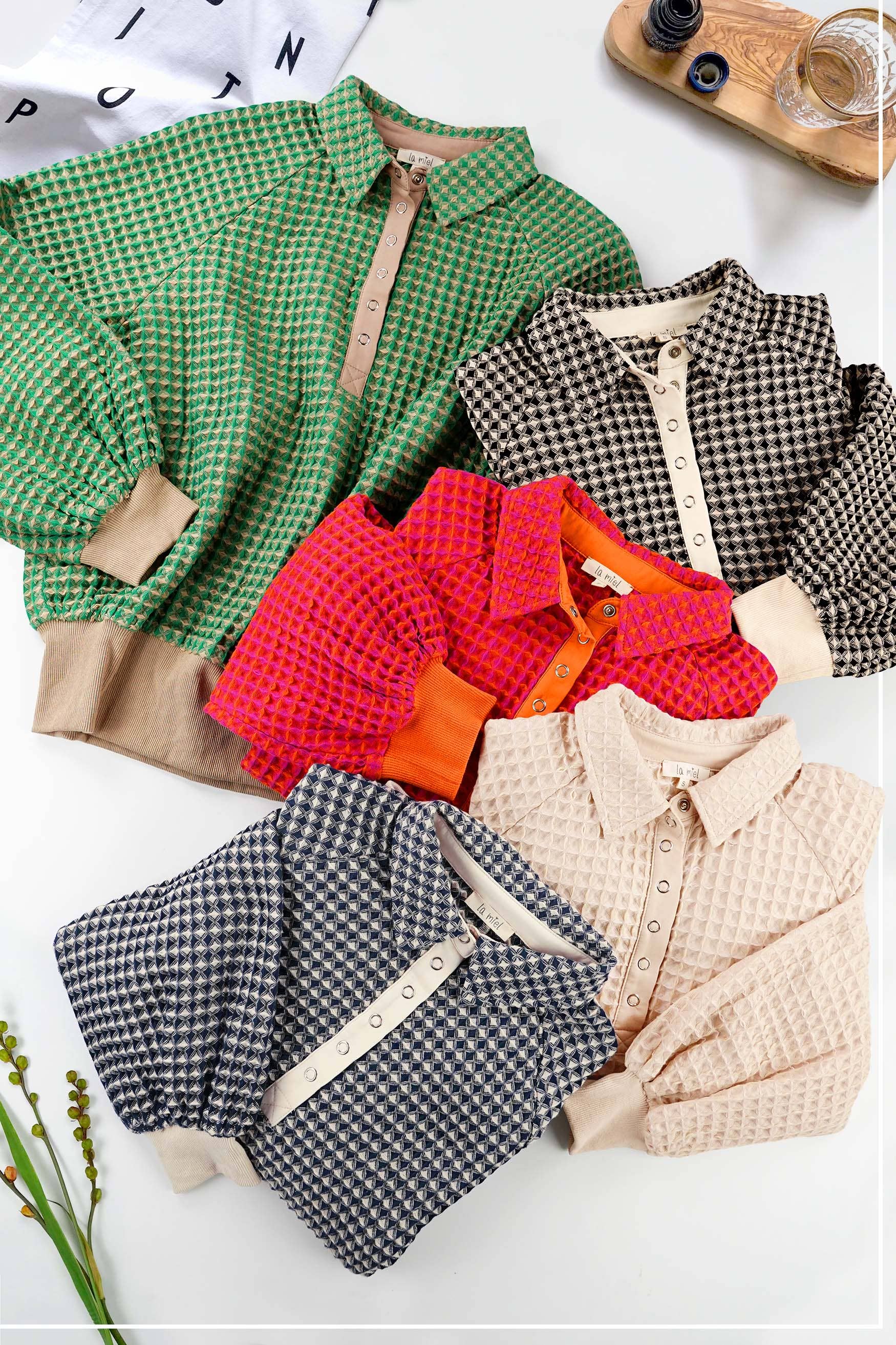 La Miel - Wholesale Sweatshirt - Women's - HCS3576-Unique Two Tone Textured Snap Button Front Top12