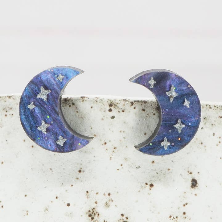 Purple galaxy crescents with silver star studs for wholesale by MadebyJenWren