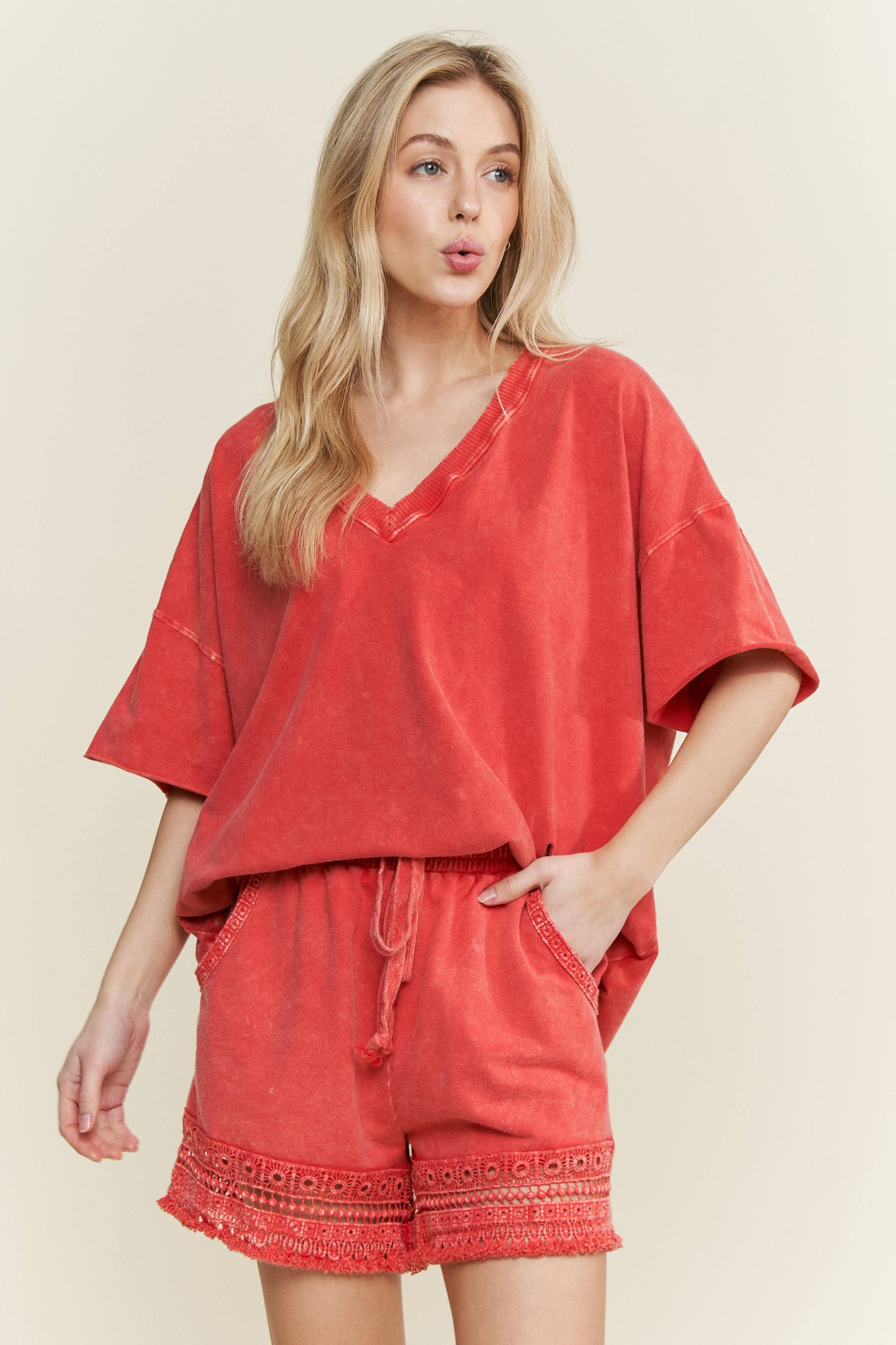 J.Her - Vente T-shirt – femme - T-shirt col en V MineralWash quotidien HT41668