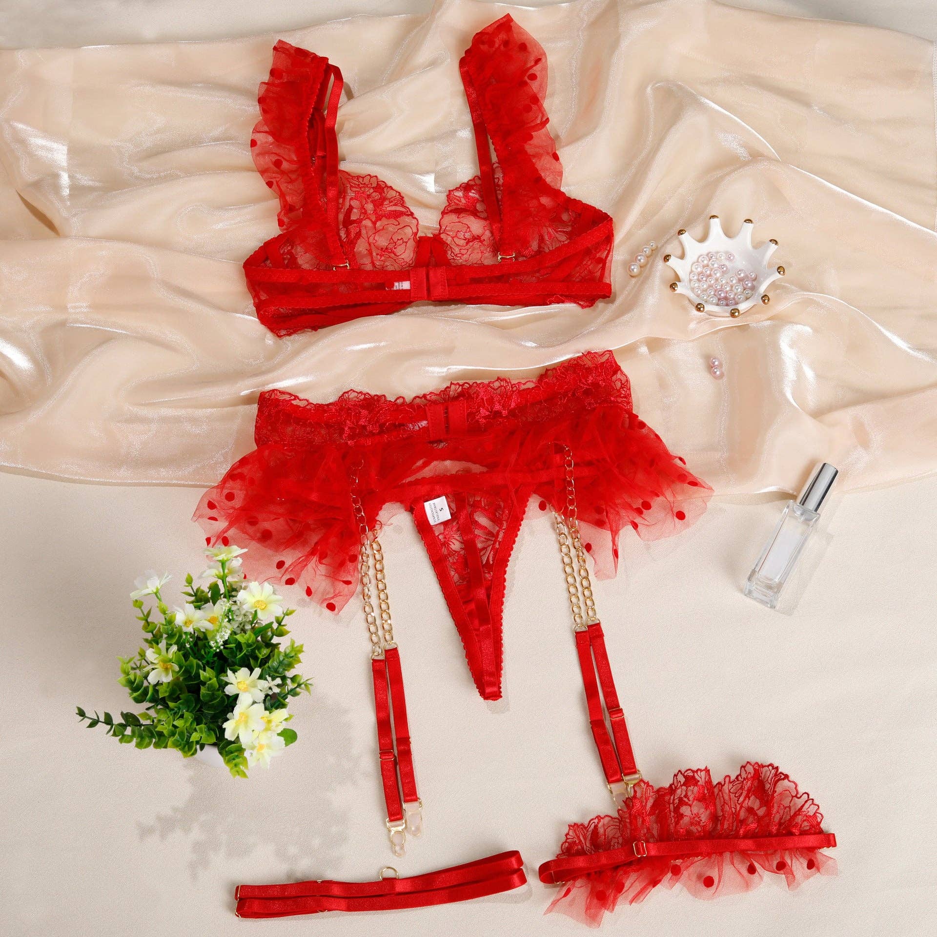 Sweetkama - Venta al por mayor Conjunto de lencería - Mujer - Conjunto de Lencería de 3 Piezas con Encaje Floral y Malla de Lunares para Damas SKLG408529