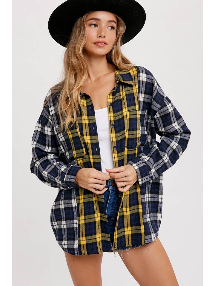 Bluivy - Wholesale Button Down Shirt - Women's - OVERSIZED COLOR BLOCK FLANNEL SHIRT