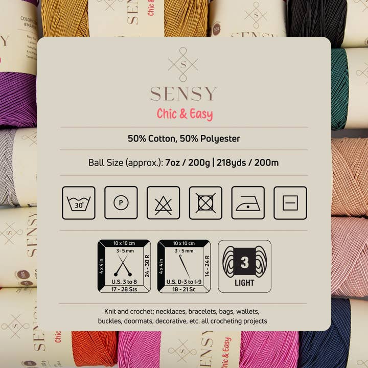 Sensy – Großhandel Garn – Sensy Premium Chic & Easy, 1,5 mm, 218 Meter, 50% Baumwolle, 50% Polyester, Häkelbeutel, Kordel, Häkelgarn