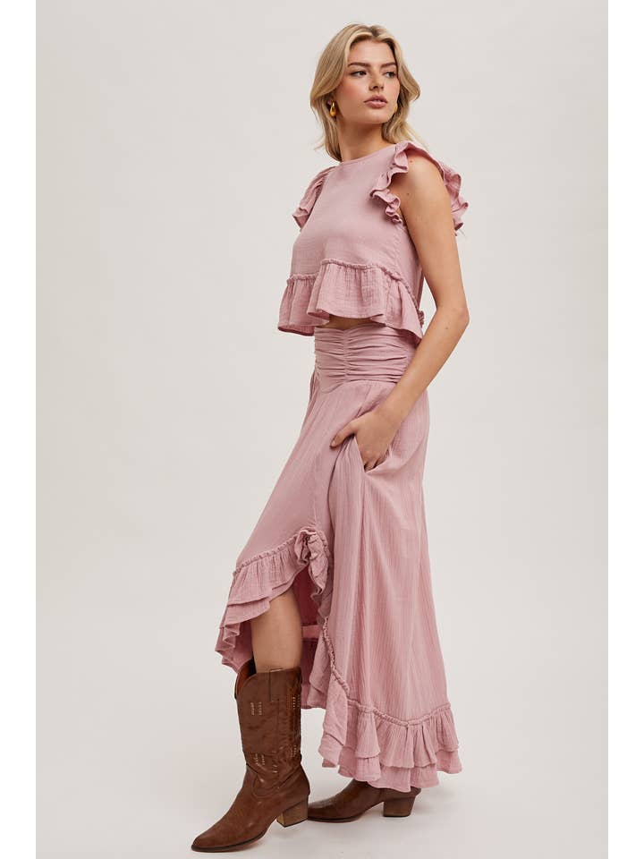 Bluivy – Großhandel Set aus Oberteil und Rock – Damen – MINIROCK-SET MIT CROP TOP UND SEITENSCHLITZ MIT RÜSCHENBESATZ15