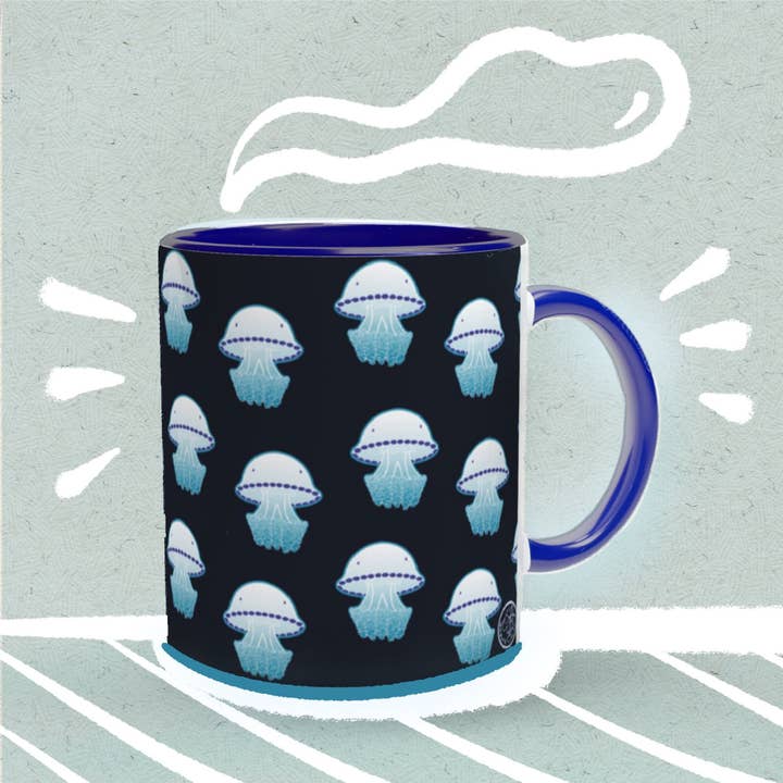 Tostoini - Vente Tasse à café - Mug en céramique blanc avec anse bleue et méduse baril2