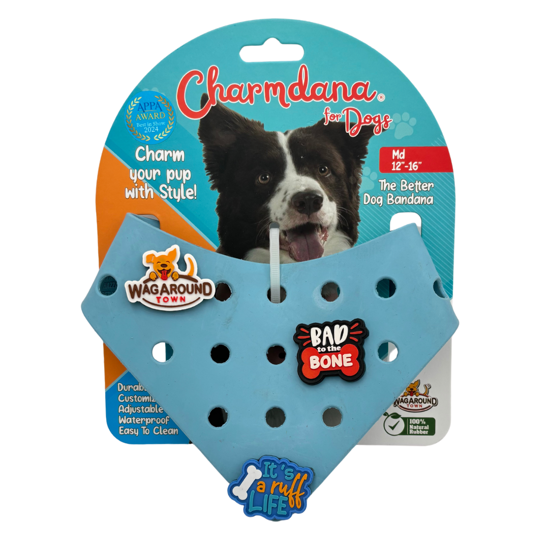 Wag Around Town - Wholesale Pet Bandana - Dog - Charmdana- Light Weight- Blue - Rubber Dog Bandana with Charms!1