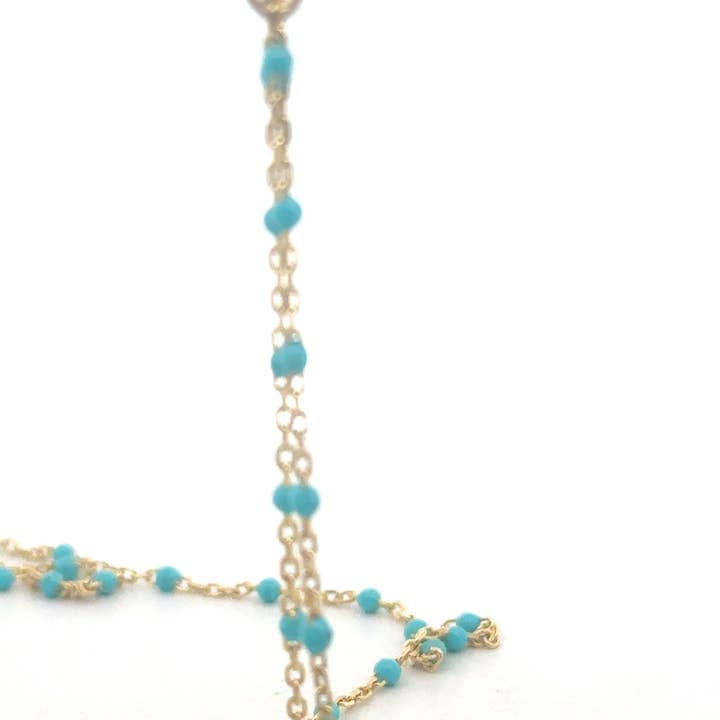 Purity Beads - Wholesale Beads - 1 Foot 925 Sterling Silver DC Cable Chain with Flash Gold Plating and Enamel Turquoise Beads – 0.6 mm Spacing – Bead Size 1.43 x 1.5 mm2