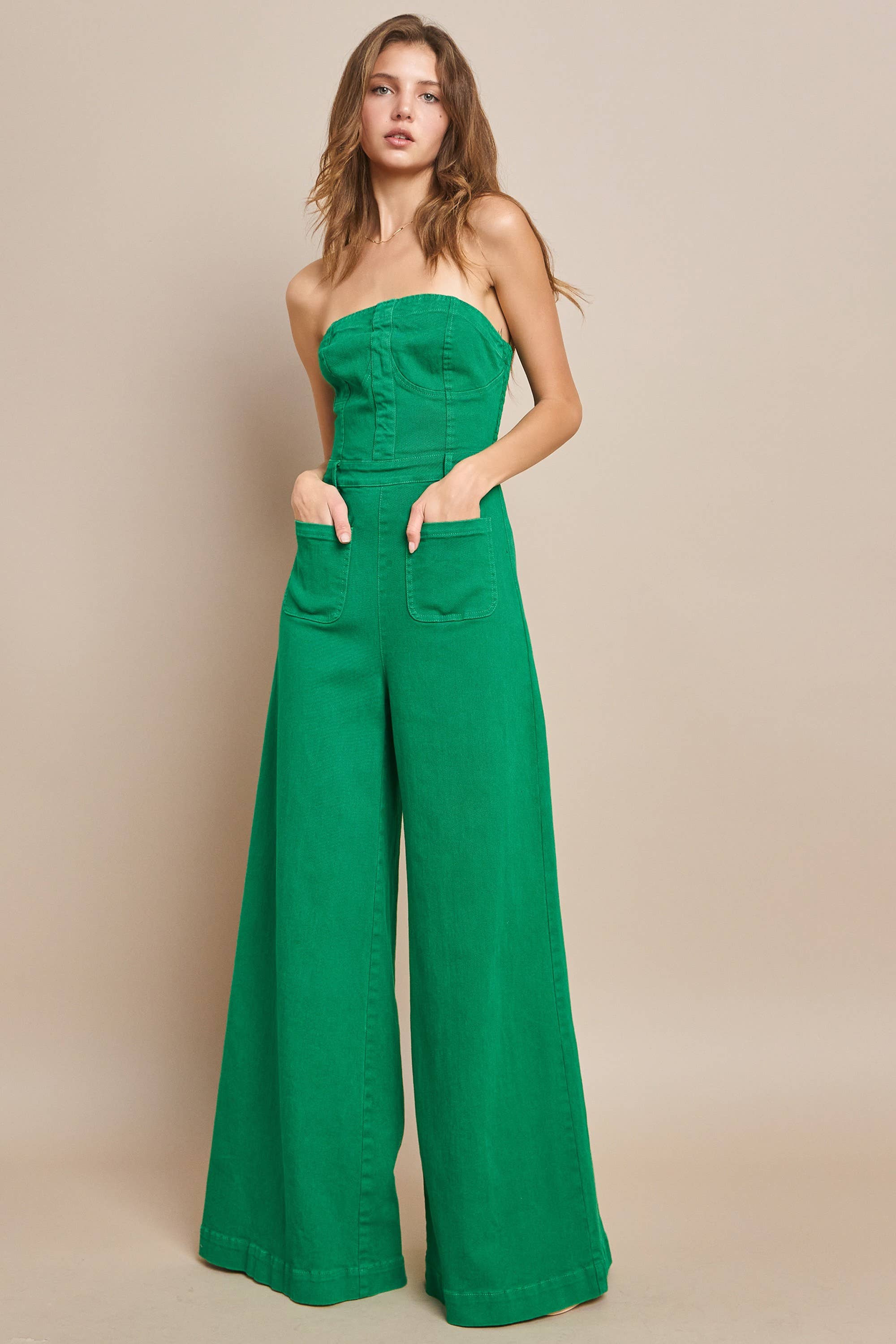 OFF SHOULDER WIDE LEG DENIM JUMPSUIT 4406 KELLY GREEN  for wholesale on Faire4