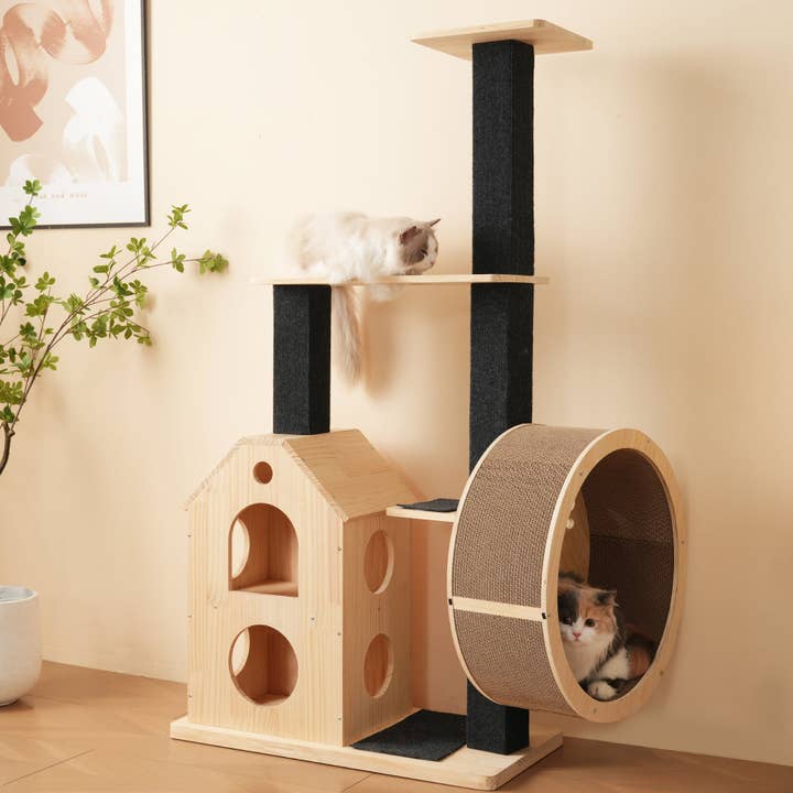 Árbol para gatos de madera maciza con rueda de ejercicio, 4 plataformas, 2 casas, postes de sisal, alfombrillas lavables 80×40×152 cm ULTRASOUN para venta al por mayor de Urban Meuble