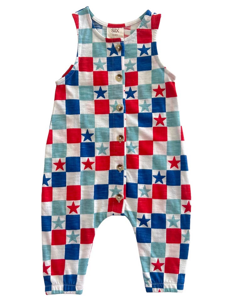 SIIX Collection - Wholesale Jumpsuit - Baby - Red, White & Blue Checkerboard / Organic Bay Jumpsuit (Baby)