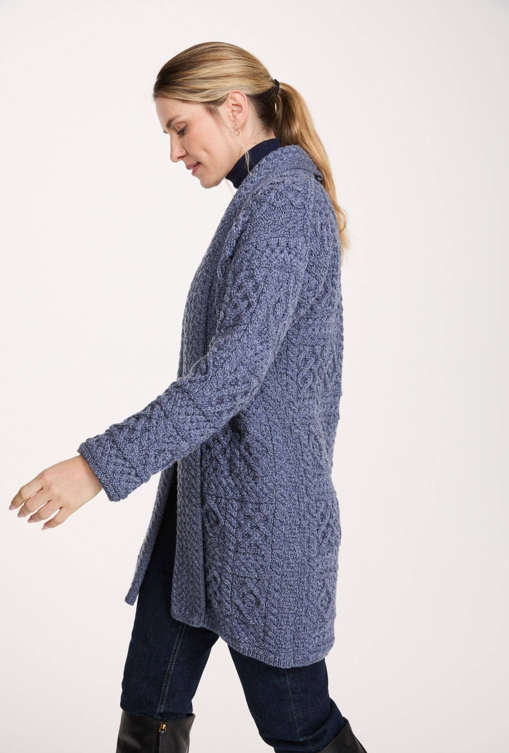 Aran Woollen Mills - Wholesale Cardigan - Women's - Tara Ladies Merino Aran Long Shawl Cardigan - Denim4