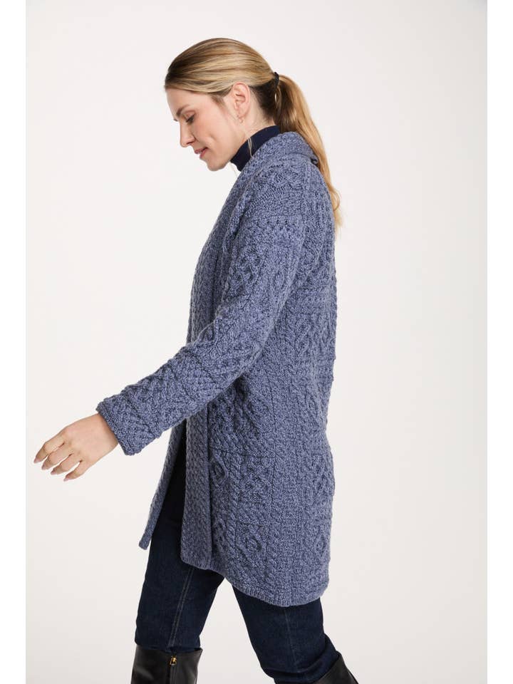 Aran Woollen Mills - Wholesale Cardigan - Women's - Tara Ladies Merino Aran Long Shawl Cardigan - Denim4