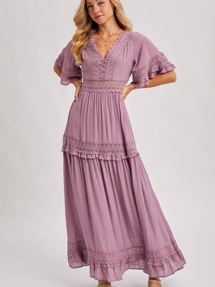 Bluivy - Wholesale Dress – Women's - V-NECK LACE TRIM MAXI DRESS17