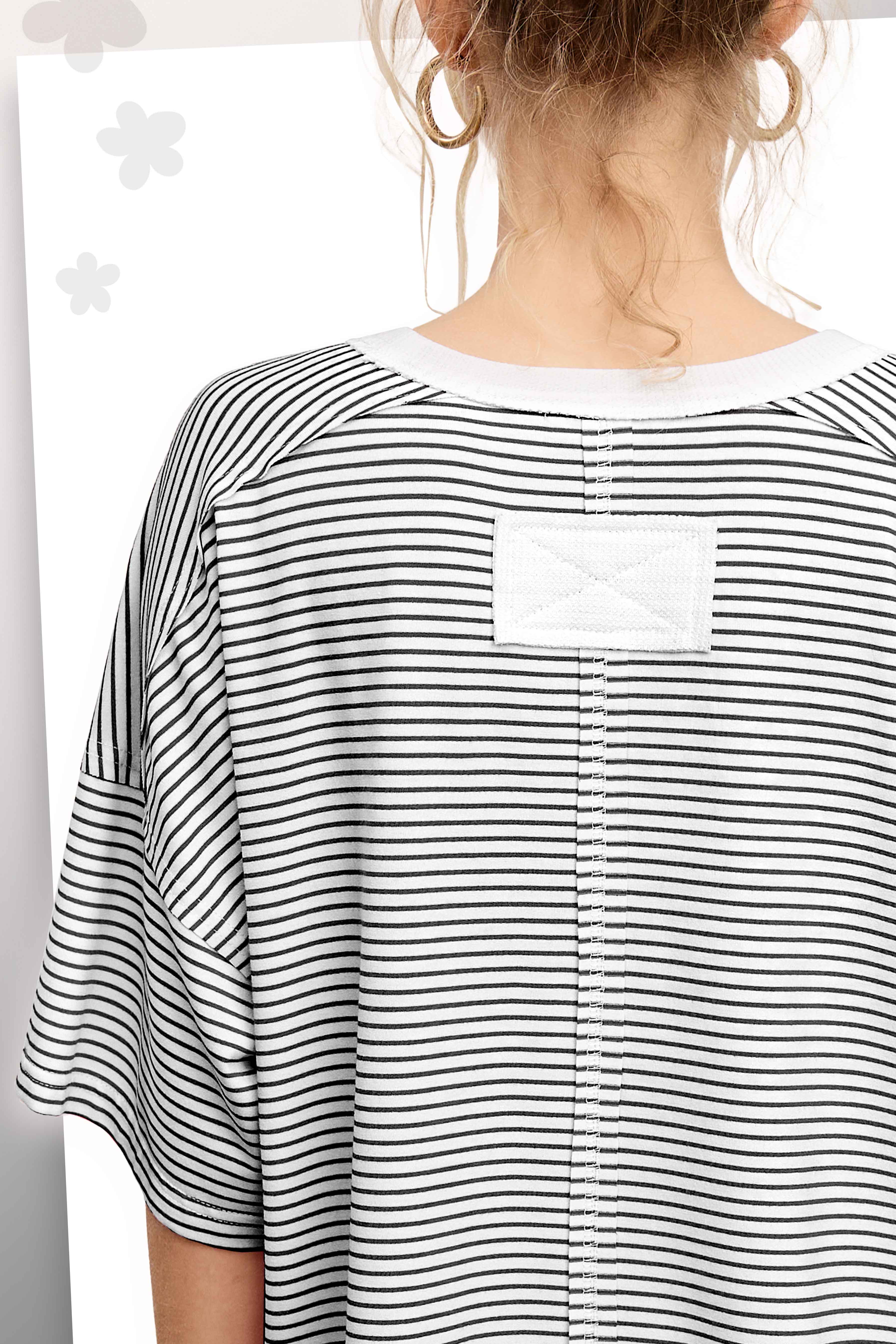 La Miel - Wholesale T-Shirt - Women's - HDT7703-Basic Striped Drop Shoulder Short Sleeves Top10