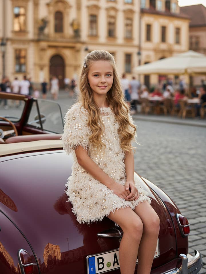 Faux Feather Sequins Dress with Chest Keyhole for wholesale by Hannah Banana , Baby Sara