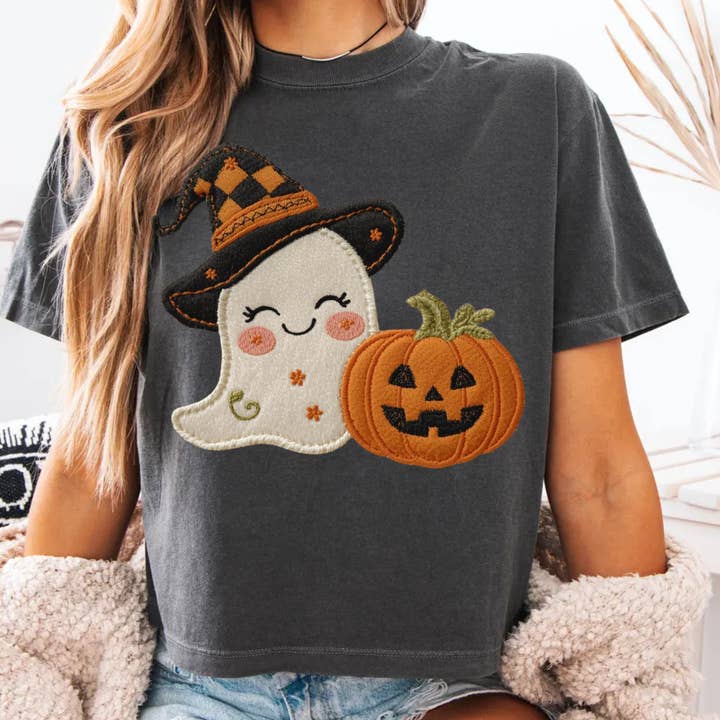 Fall Ghost Pumpkin Embroidered Patch Tshirt, Faux Patch, DTF for wholesale by Simply Blush Wholesale