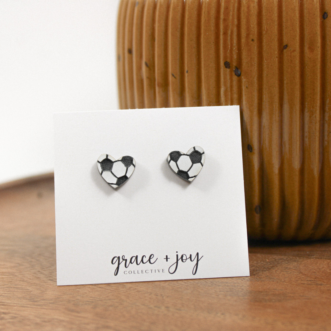Grace + Joy Collective - Wholesale Stud/post earrings - Soccer Ball Heart Stud Earring, Acrylic Earrings  1