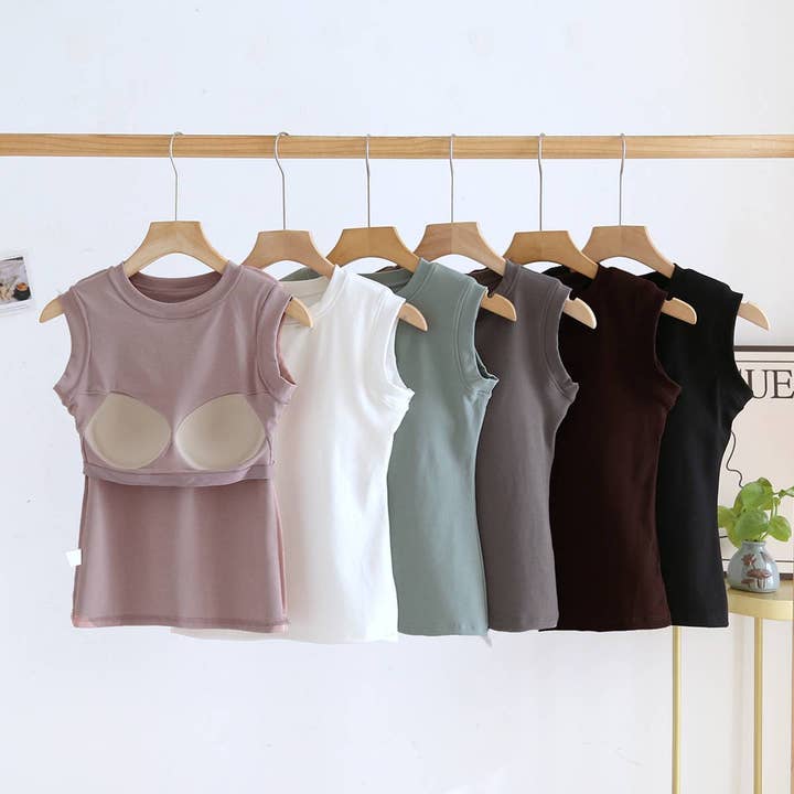Rosa Clothing - Wholesale Tank Top - Women's - Basic cotton blend sleeveless R-neck tee self bra tank top