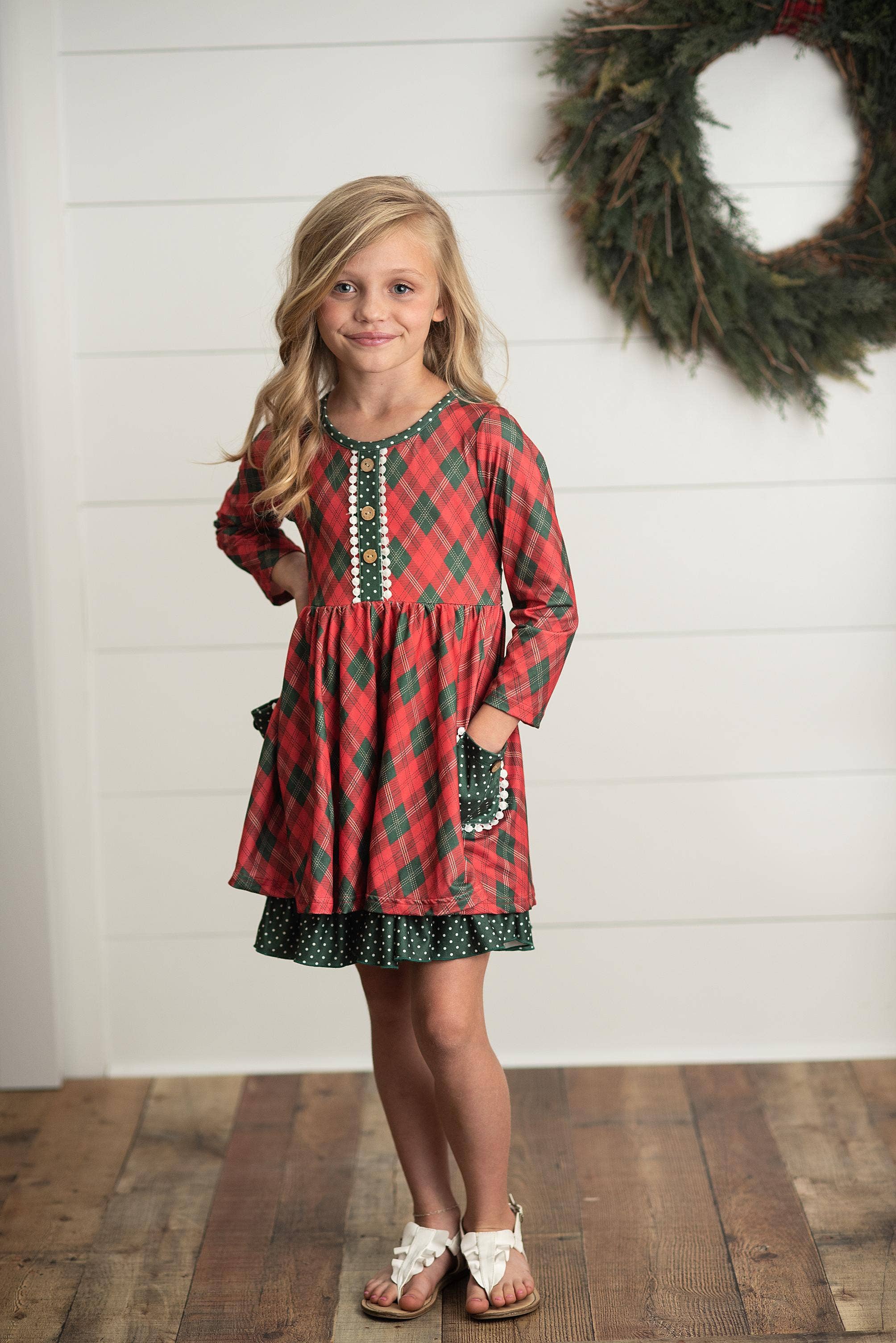 Adorable Sweetness - Wholesale Dress - Kids - Kids Red Green Plaid Ruffle Button Holiday Christmas Dress2