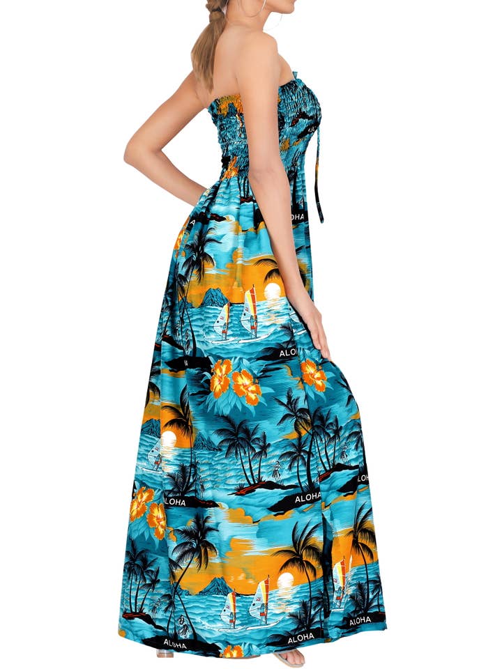 Teal LA LEELA Women's Tropical Aloha Palm Tree Long Tube Dress for wholesale on Faire1