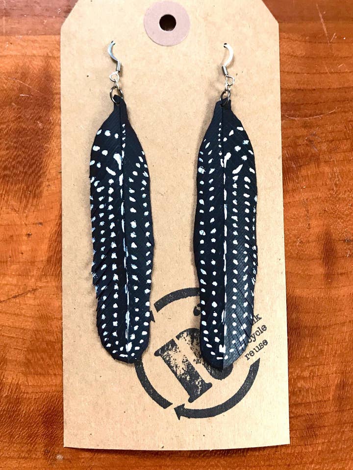 GUINEA feather earrings made from upcycled bicycle innertube for wholesale by R3recycledgoods