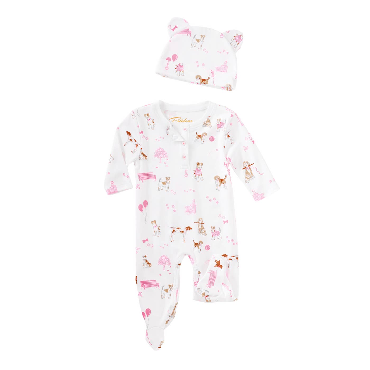 "Pawprints in the Park" Pink Dog Pima Baby Pajama for wholesale on Faire