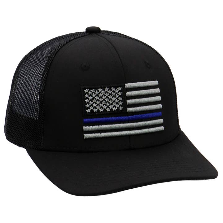Cap Zone - Wholesale Trucker Hat - Unisex - Police Blue Line American Flag Mesh Trucker Hat