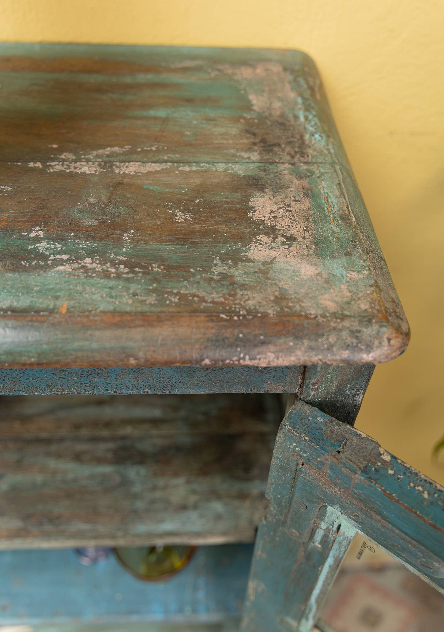 Namaste – wholesale Cabinet – Distressed Vintage Teal Wood & Glass Door, 3 Shelf Cabinet2