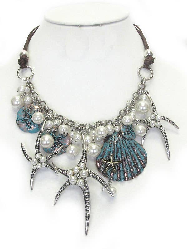 ( H211 ) STARFISH AND SHELL MIX STATEMENT NECKLACE for wholesale by Jewelry Max