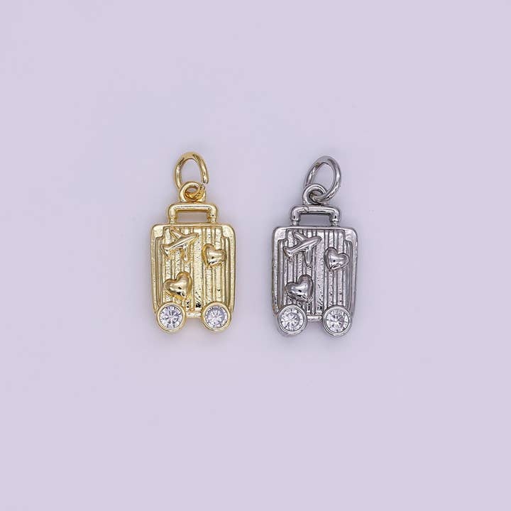 24K Gold Filled 16mm Round CZ Baggage Love to Travel Heart & Plane Charm in Gold & Silver | AJ-343 for wholesale by Aim Eternal