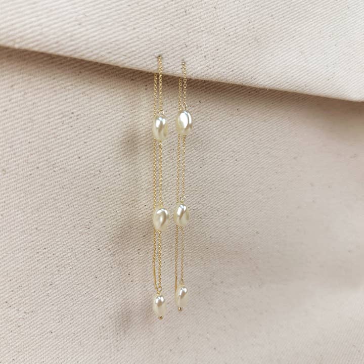 GoldFi - Wholesale Dangle Earrings - 18k Gold Filled Spaced Baroque Pearls Threader Earrings
