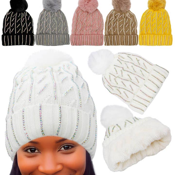 ASSORTED AB Color Bling Chunky Knitted Fleece Lined Beanie for wholesale on Faire