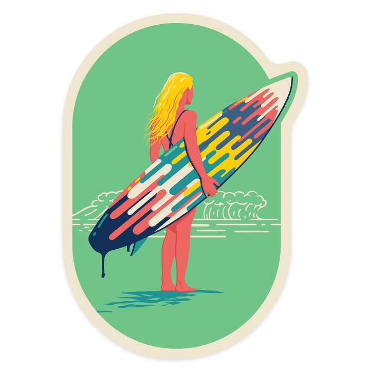STICKER Sweet Relief Collection, Surfer Girl with Surfboard for wholesale by Lantern Press