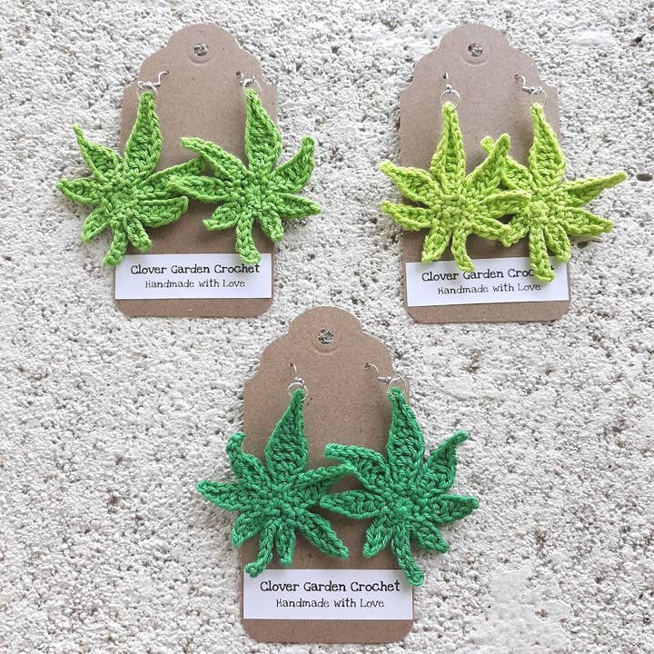 Crochet Hemp Leaf Drop Earrings for wholesale by Clover Garden Crafts
