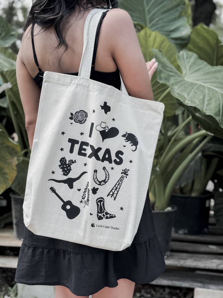 I Love Texas Canvas Tote Bag for wholesale by Luna Lupe Studio
