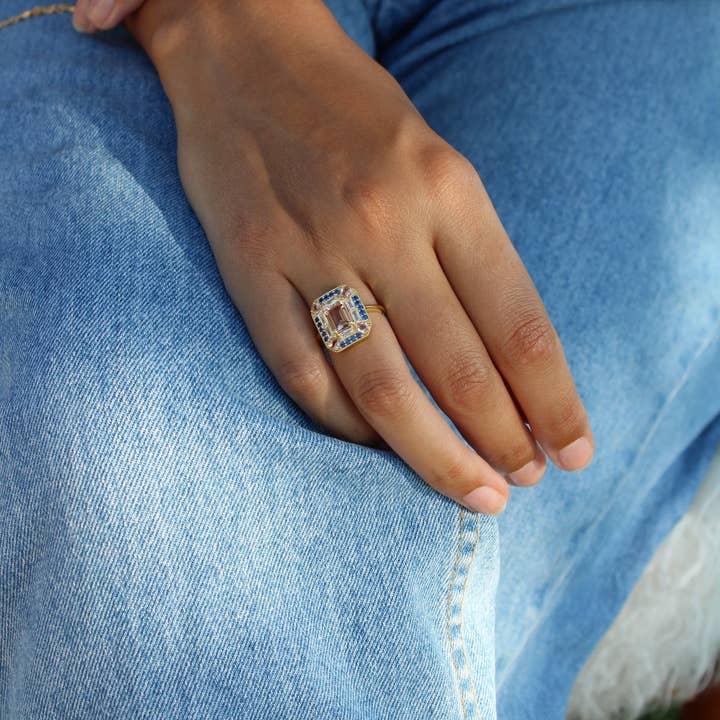Vivian Grace Jewelry - Wholesale Cocktail/Statement Ring - Sapphire Morganite Art Deco Cocktail Ring- Lab Created Gemstones4