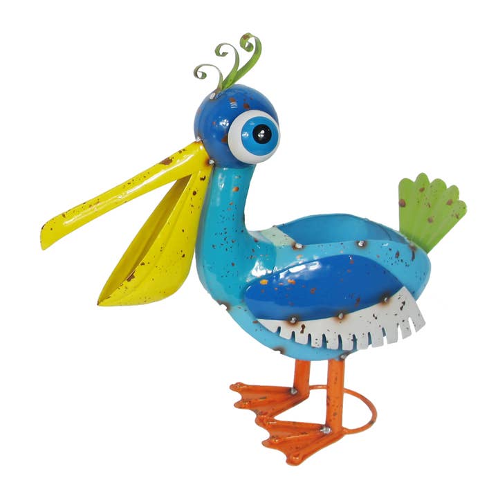 Painted and Enameled Metal Blue Pelican Planter for wholesale by Continental Art Center