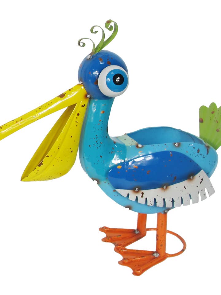 Painted and Enameled Metal Blue Pelican Planter for wholesale by Continental Art Center