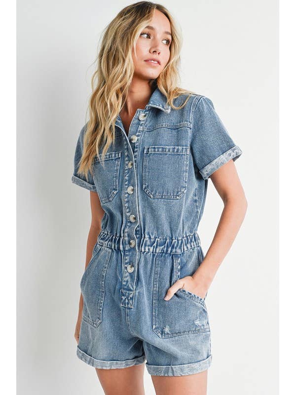WASHED DENIM SHORT SLEEVE ROMPER for wholesale by Pink Irene Wholesale