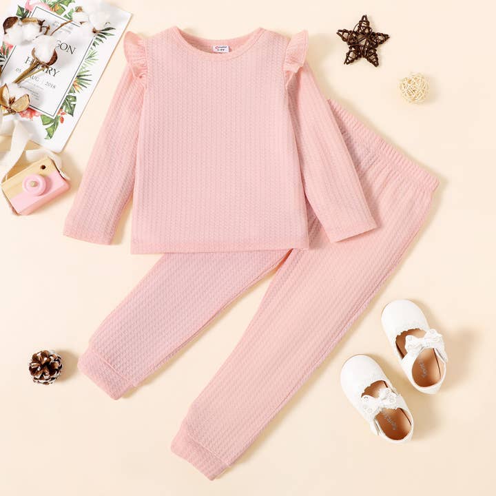 PatPat - Wholesale Top & Pant Set - Kids - 2-piece Toddler Girl Textured Top Color Pants Set