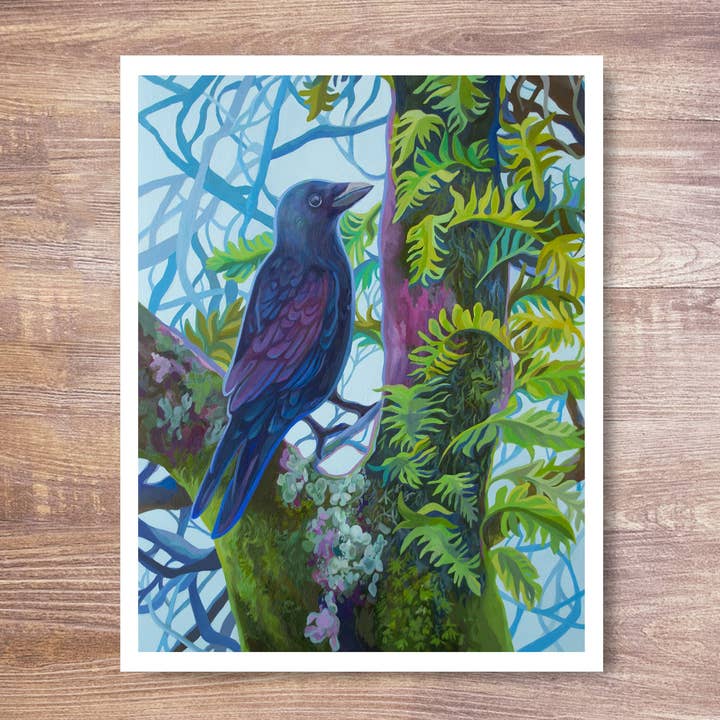 Crow & Ferns Forest Wildlife Art Print for wholesale by Marigold Art Studios