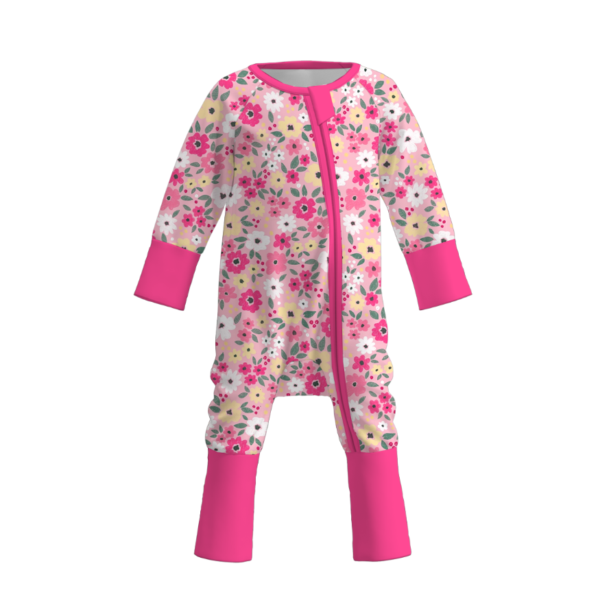 Auraquise - Wholesale Sleepsuit - Baby - Baby Girls Hot Pink Floral Zipper Soft Pajama Romper0