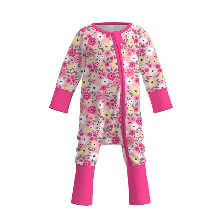 Baby Girls Hot Pink Floral Zipper Soft Pajama Romper for wholesale by Auraquise