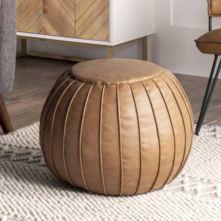 Brown Faux Leather Round Filled Ottoman Pouf for wholesale on Faire2