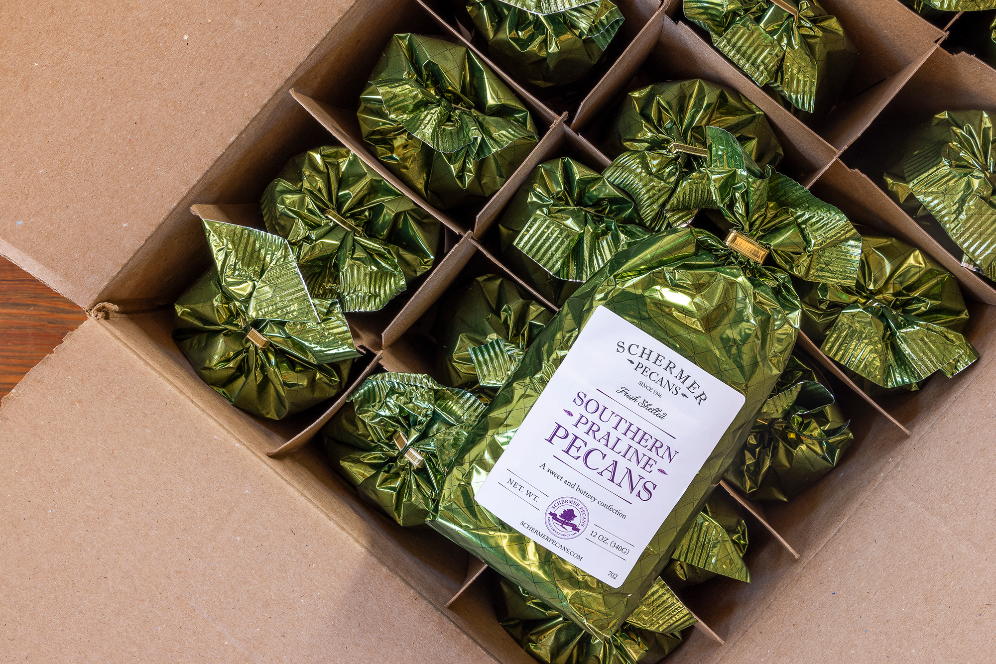 Schermer Pecans – wholesale Nuts – SOUTHERN PRALINE PECANS - Georgia Grown - 12 Foil Bags/Case 4