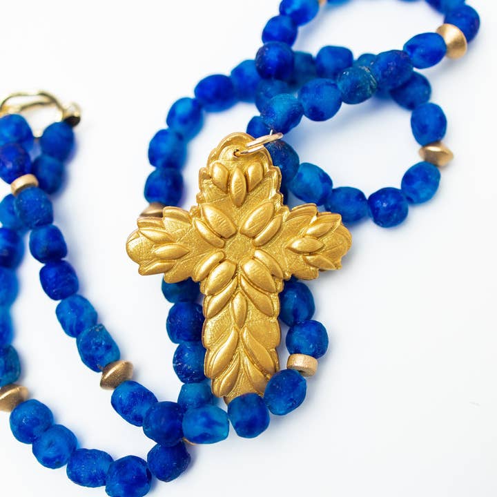 Blue African Glass with Acts Cross for wholesale by Hidden Truth Jewelry
